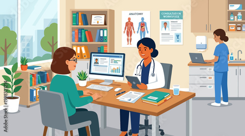 Doctor's office with female patient and nurse.