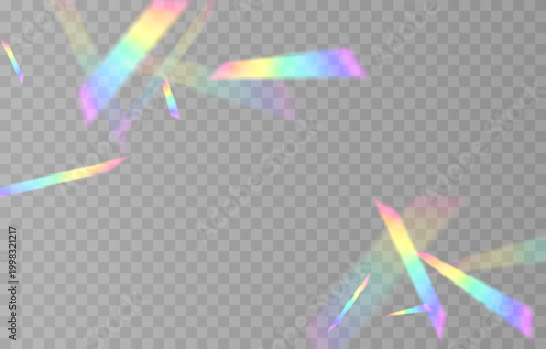 Falling holographic confetti. Shiny rainbow confetti PNG. Falling streamers or tinsel on an isolated transparent background.