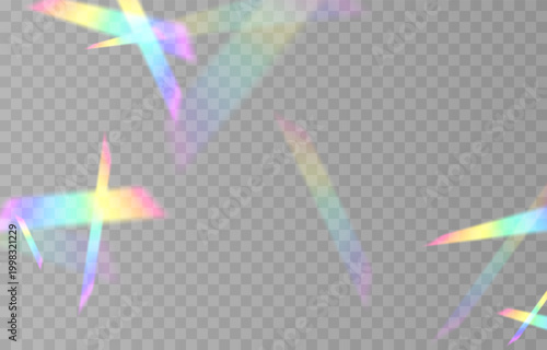 Falling holographic confetti. Shiny rainbow confetti PNG. Falling streamers or tinsel on an isolated transparent background.