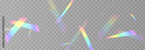 Falling holographic confetti. Shiny rainbow confetti PNG. Falling streamers or tinsel on an isolated transparent background.