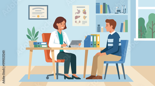 Doctor and patient in consultation room.