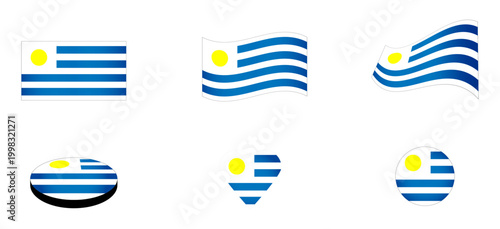 Conjunto de iconos de la bandera de Uruguay. Símbolo con forma de corazón, botón y circular. Ilustración para sitio web, app, folleto, diseño gráfico, uso personal, locación, ubicación y otros.