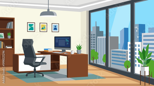 Modern office interior with city view.