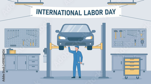 Auto mechanic repairing car in garage workshop