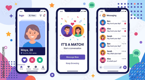 Mobile dating app interface on smartphones.