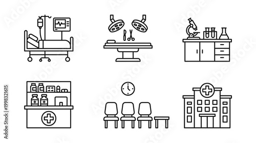 Quadro su tela Medical facility icons operating room hospital bed laboratory and more