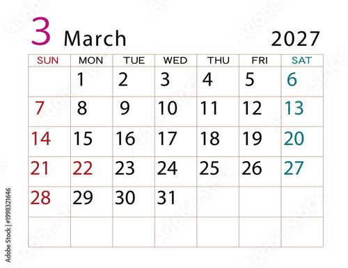 2027年カレンダー　3月