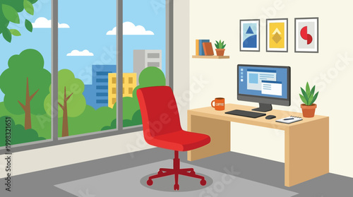 A modern office with a computer and red chair.
