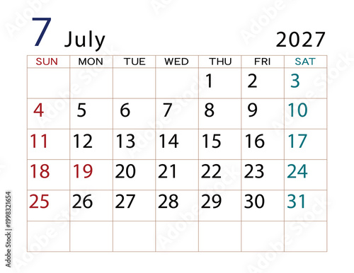 2027年カレンダー　7月	