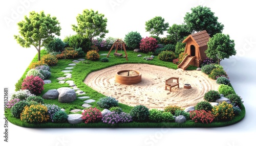 Kids-Friendly Backyard Garden Layout with Sandbox and Playful Elements, Top View Minimal Design