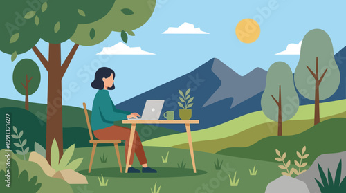 woman sitting at desk with laptop in nature.