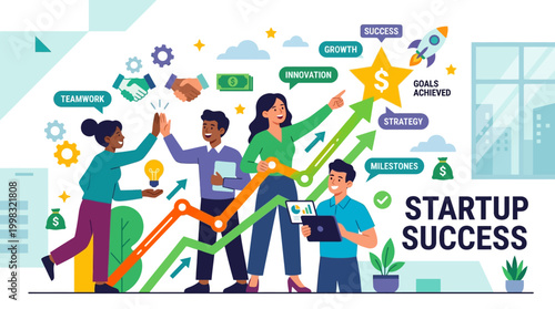 Diverse group celebrating startup success together.