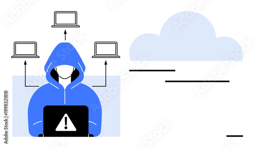 Cybersecurity, online threats, hacking, data theft, information security, cloud computing. Hooded hacker with laptop connected to devices and cloud. Cybersecurity and online threats concept