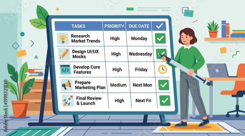 woman presenting business tasks on whiteboard.