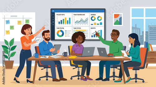 Diverse team collaborating in modern office.
