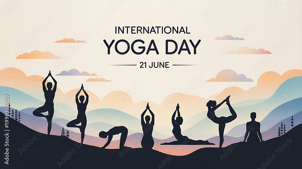 Obraz premium Minimalistic flat design illustration for International Yoga Day featuring various yoga poses and a serene background.