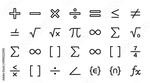 Mathematical symbols set addition subtraction division and more