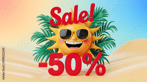 Vibrant 3D Illustration Featuring a Cheerful Sun with Palm Trees and a 50% Sale Offer