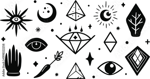 A set of Vector hand-drawn rough ink mystical symbols, sacred boho signs, and design elements