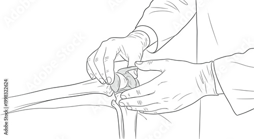 A detailed black and white line drawing captures a surgeon's gloved hands precisely adjusting an artificial knee joint component against a plain white background.