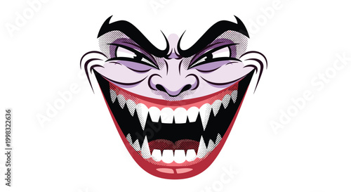 This purple-toned mask illustration displays an intense wide grin with sharp protruding teeth against a clean white background in a distinct flat graphic art style.