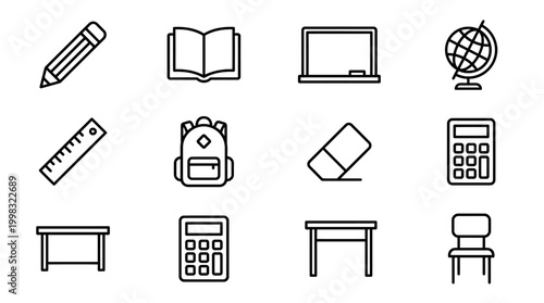School supplies icon set pencil book blackboard ruler backpack calculator