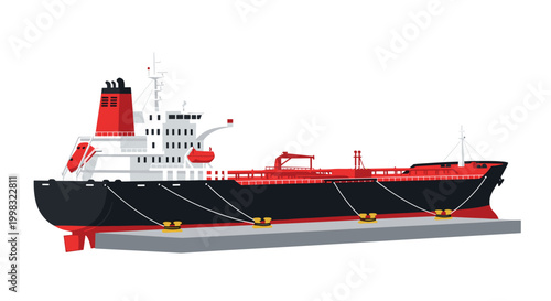 An oil tanker vessel featuring a distinctive red funnel and dark hull sits stationary at a concrete dock while secured by heavy mooring ropes on water.