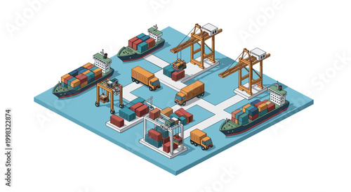 A high-angle isometric view shows a busy shipping port featuring cargo vessels, heavy cranes, delivery trucks, and stacks of colorful containers for global logistics.