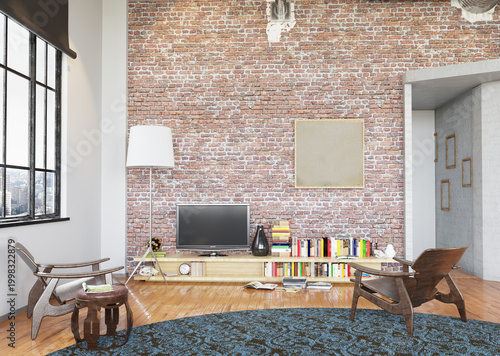 3D illustration of a modern loft living room. Exposed brick wall and blank canvas mockup