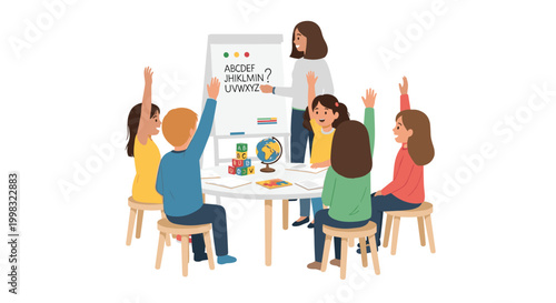 A female teacher stands by an easel with letters while children sit around a round table raising hands in a bright, modern classroom environment with soft tones.