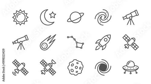 Astronomy and space exploration icons collection in minimalist style