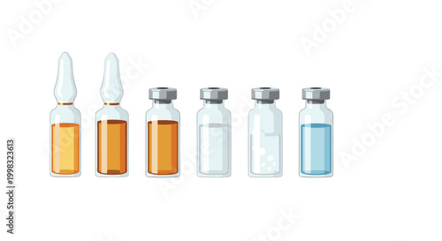 A selection of laboratory ampoules and glass vials with varying liquid colors sits arranged in a neat sequence on a clean and neutral surface for science.
