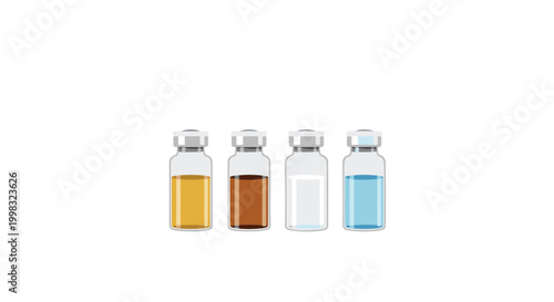 Four distinct glass vials containing various colored chemical liquids are aligned in a straight row against a pure white background for scientific research purposes.