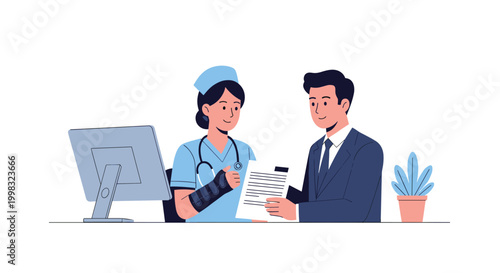 A medical nurse with an arm cast sits at a computer desk discussing clinical paperwork with a male patient in a suit within a clinical consultation office environment.