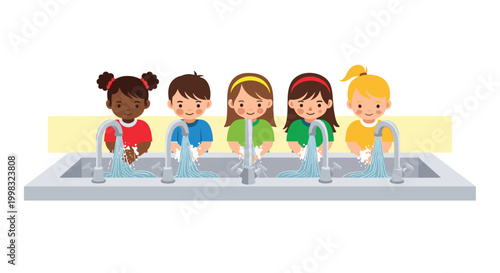 Five diverse children stand side by side washing their hands at a long communal sink with multiple chrome faucets in a row.