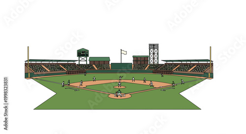 A wide view of a professional baseball stadium features players on a green grass field under a clear white sky during a match.