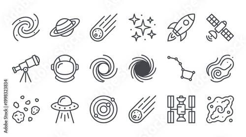 Astronomy and space icons set galaxies planets rockets satellites and stars