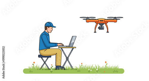 A man sits on a portable stool in a grassy outdoor field operating an orange camera drone using a laptop computer in a clean flat digital illustration.
