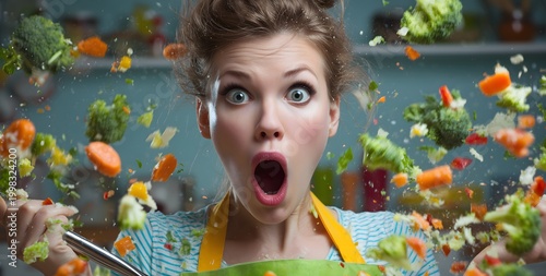 Woman making a mess while cooking vegetables in kitchen