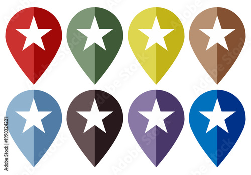Conjunto de iconos de ubicación con estrellas blancas en varios colores