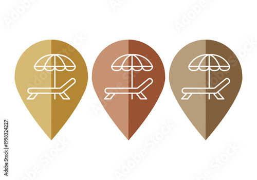 Marcadores de ubicación con iconos de hamaca y sombrilla de playa en tonos tierra