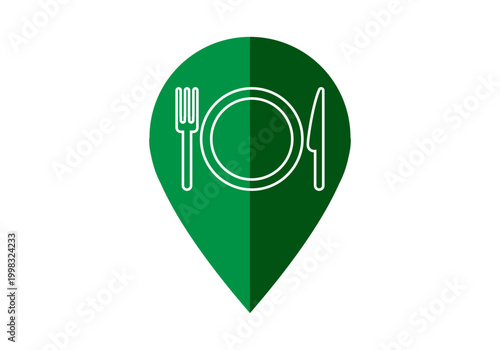 Icono de ubicación de restaurante con símbolos de plato y cubiertos en color verde