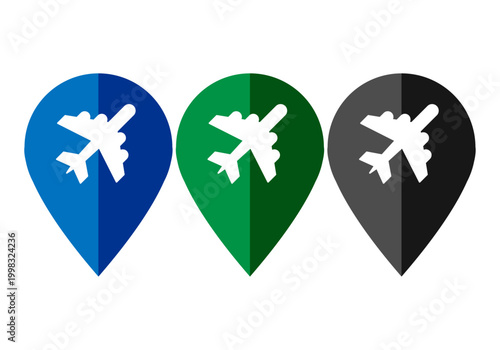 Punteros de ubicación con silueta de avión en colores azul, verde y gris