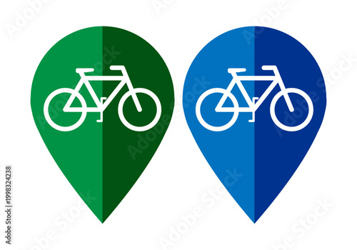 Iconos de ubicación para rutas de bicicletas en colores verde y azul