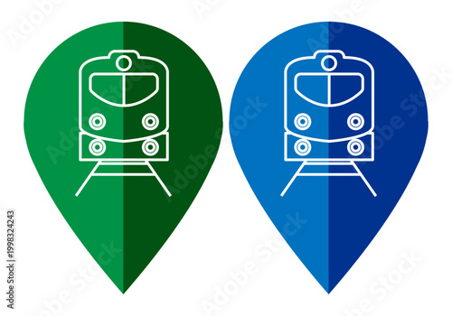 Iconos de ubicación de estaciones de tren en colores verde y azul