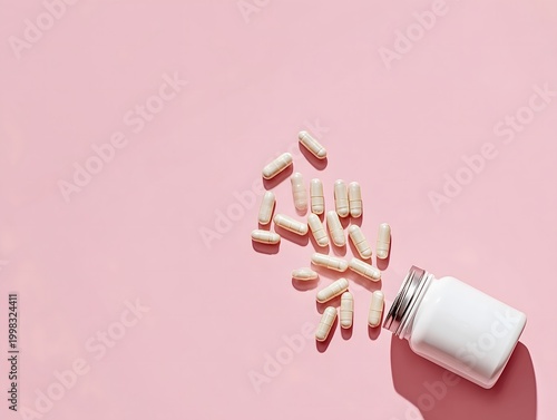 White pills spilling from bottle on pink background