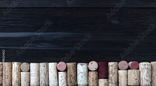 Wine corks creating border on dark wood background