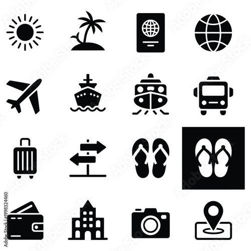 A compilation of travel and vacation-themed black silhouette icons presented on a clear transparent background.
