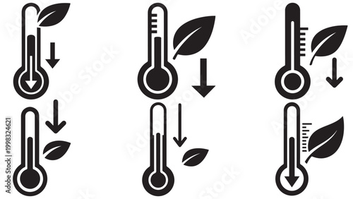 Set of eco temperature icons with leaves and arrows for climate, energy, and environmental concepts
