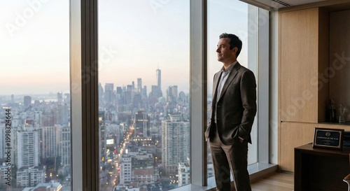 A confident businessman looks at the cityscape from a high-rise office building